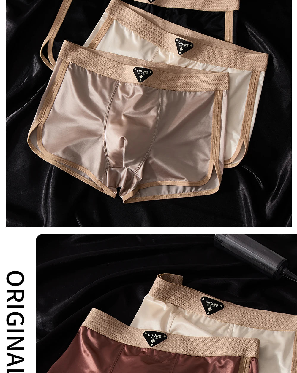 3PCS/Pack Luxury Ice Silk Satin-like Men's Underpants Double-layer Silk Crotch Panties Hygroscopic Breathable Underwear for Man