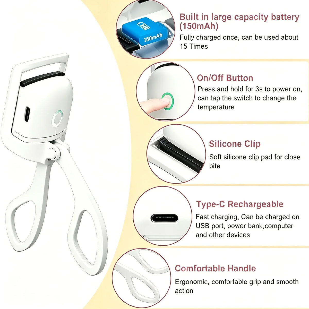 Electric Heated Eyelash Curler USB Rechargeable 2 Mode Quick Heating Lash Curler Natural Long Lasting Curl Makeup Tool
