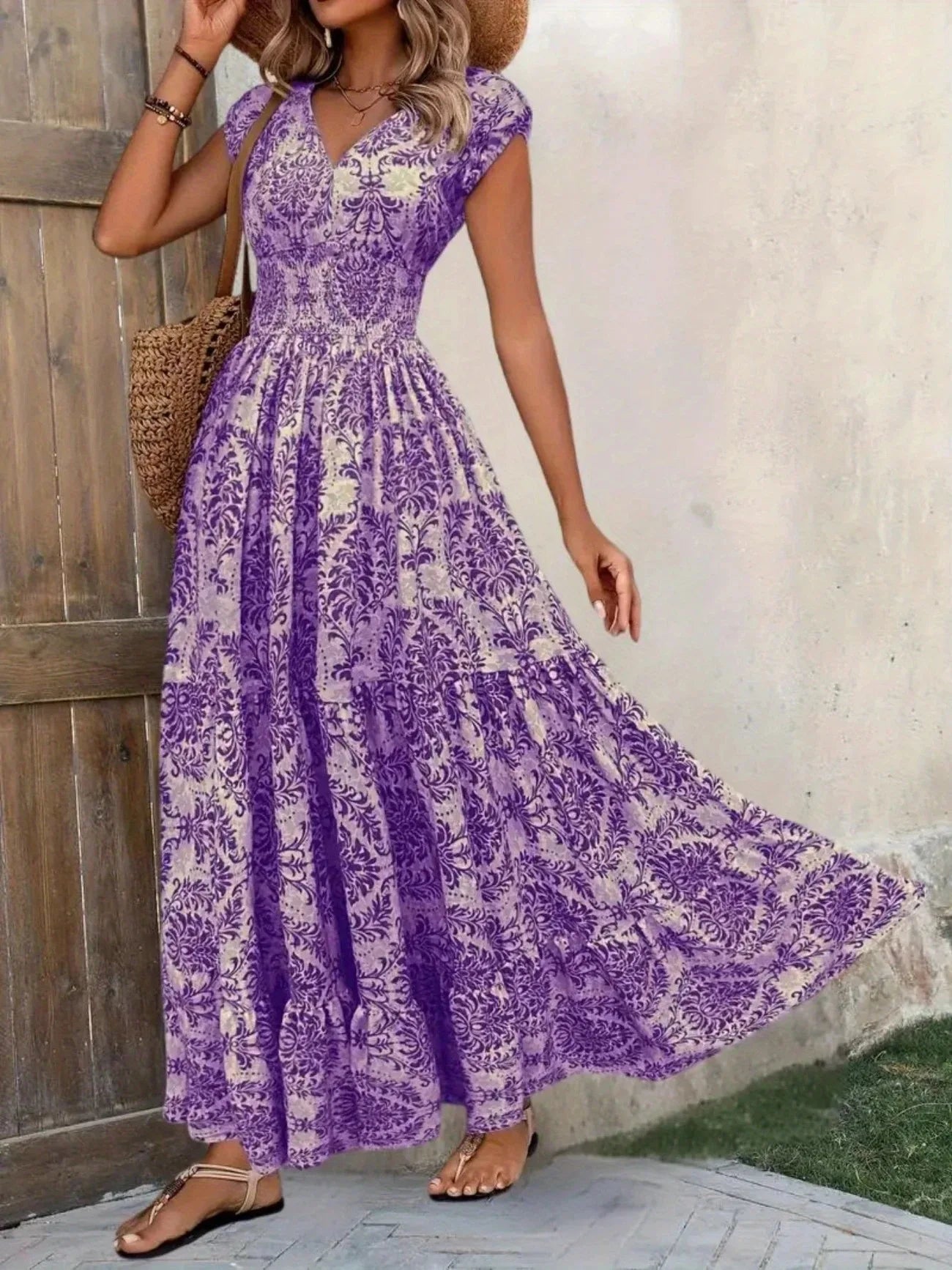 Women's Summer Retro Fashion Floral Printed Sexy V-neck Short Sleeve High Waist Medium Length Bohemian Loose Holidays Dresses