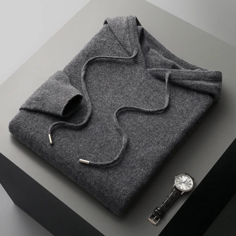 Men's 100% Merino Wool Two-piece Suit Knitting Hooded Collar Pullover and  Wide-leg Pant Autumn Winter Thickened Warm Sweater