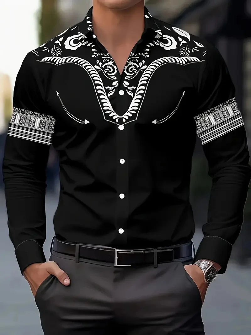High Quality Men's Leopard Printed Button Shirt Baroque Chain Long Sleeves Party Casual Flap Long Sleeves