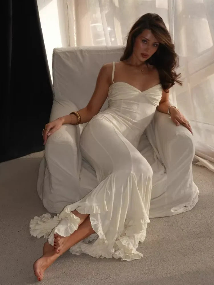 White Polka Dot Maxi Dress For Women Spaghetti Straps Sweetheart Bust Back Ruched Mermaid Flounce Hem Vacation Biryhday Dresses