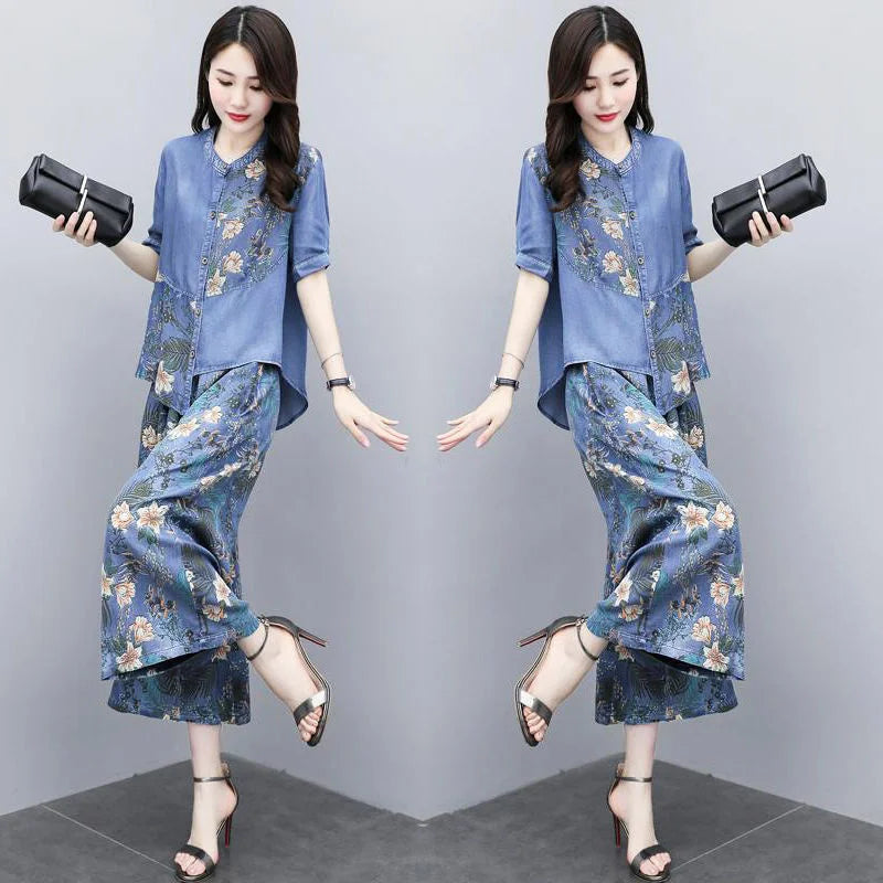 Ethnic Style Denim Wide Leg Pants Sets For Women Spring Summer NEW Embroidery Cowboy Jacket +Jeans Pants Suits Female Outfits