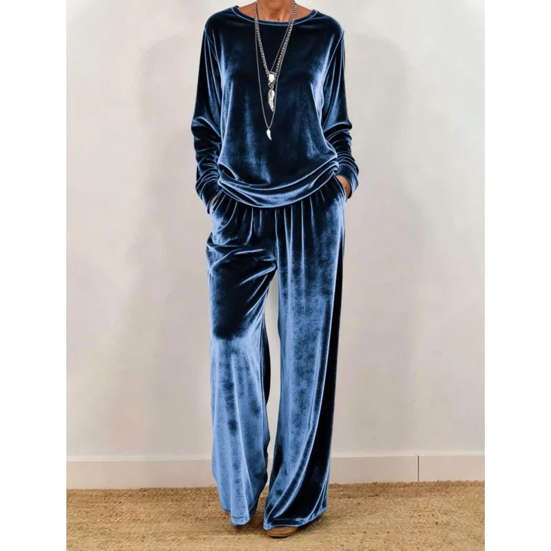 2026 Women Spring Autumn Velvet Two Piece Suit Fashion Solid Color O-Neck Top+Wide Leg Pants Set Ladies Loose Comfortable Outfit
