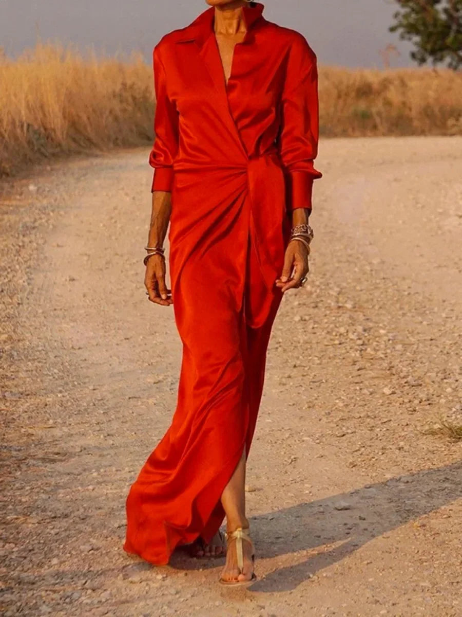 Yeezzi Office Lady Solid Color Formal Tied Waist A-line Dress 2025 New Spring Long Sleeves Elegant Pleated Evening Maxi Dresses