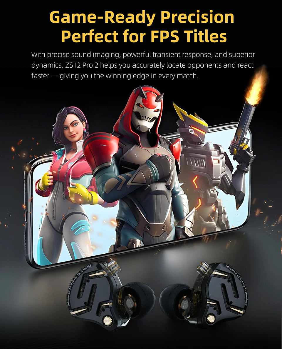 KZ ZS12 PRO 2 1DD + 5BA Hybrid HiFi In Ear Earphones Improved Bass Monitor Headphones Detachable Wire Earbuds Gaming Headest