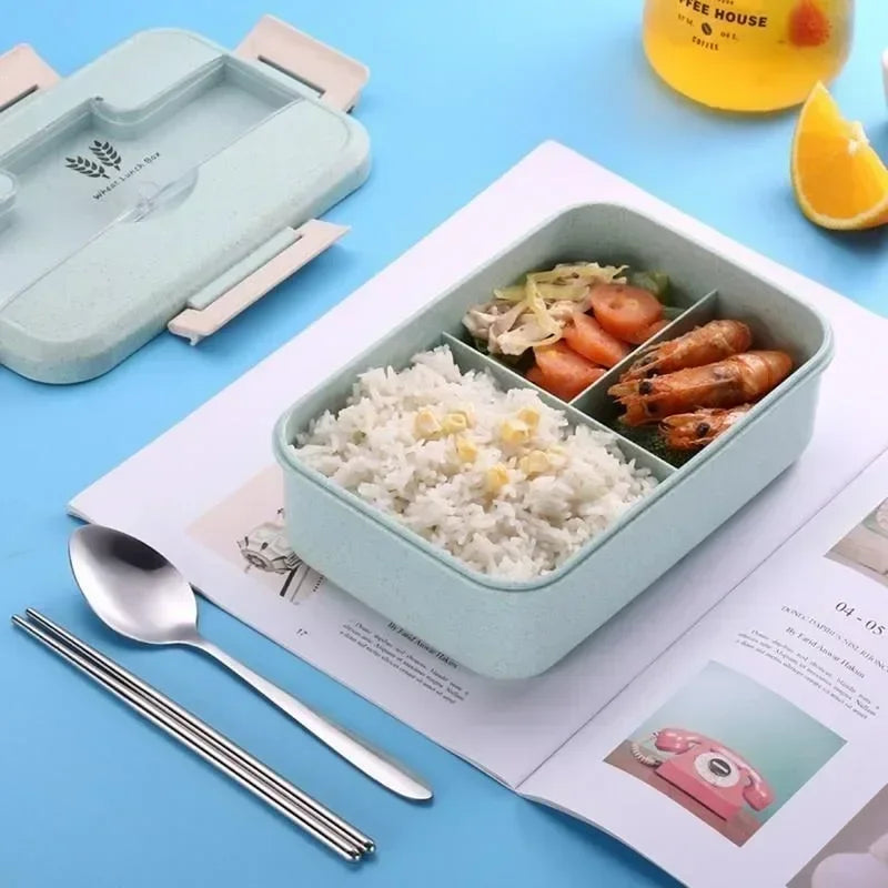 Microwave Lunch Box for Children Portable School Office Bento Box with Tableware Spoons Chopsticks Wheat Straw Food Box