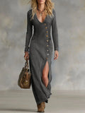 Chic Women Denim Maxi Dress Blue Deep V High Slit Long-sleeved Single Breasted Robe Female Elegant Daily Fashionable Long Dress