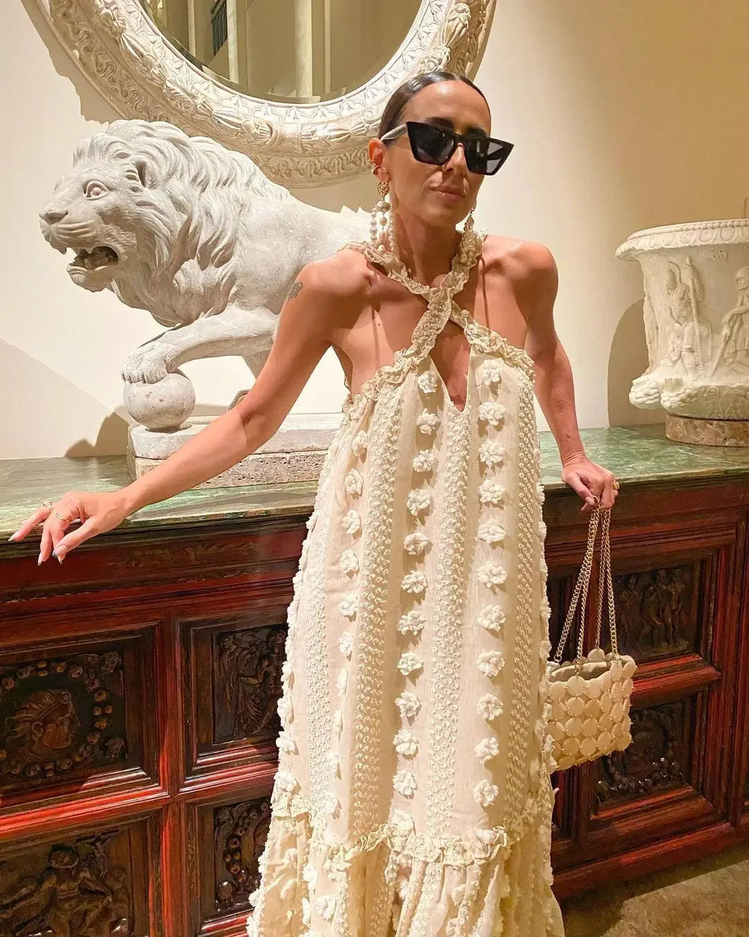 Sleeveless Halter Maxi Summer Dress for Women Fashion Ruffle Beach Long Robe 2025 Elegant Slip Holiday Hollow Out Sundress