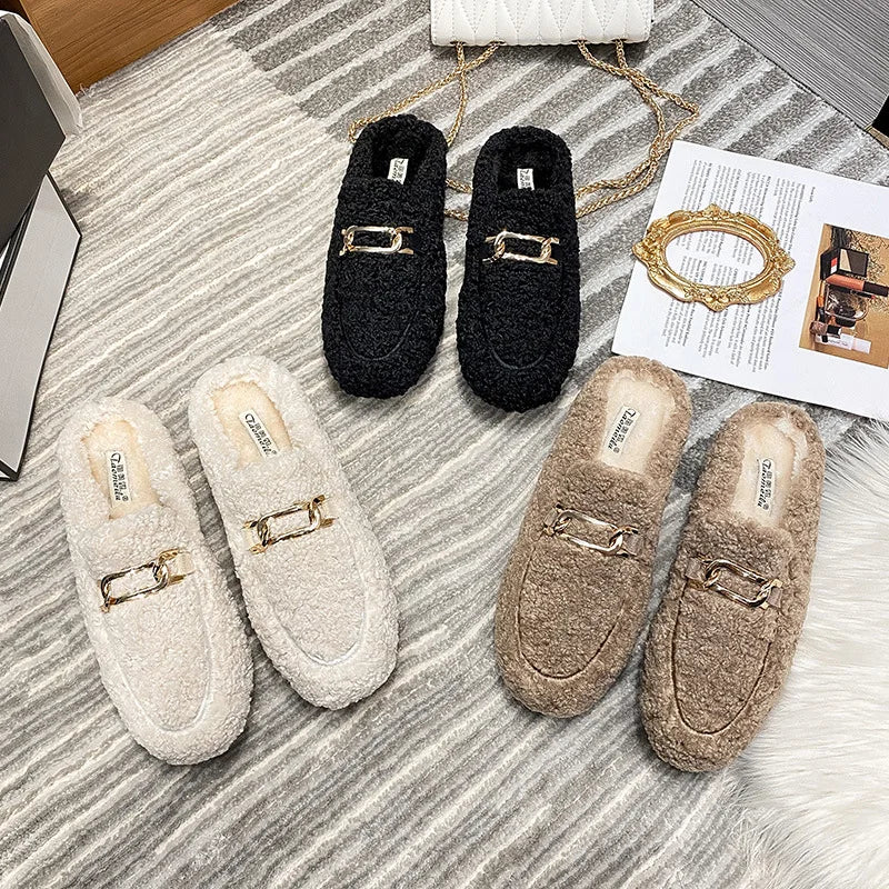 Winter Warm Plush Mules Women One Band Fur Slippers Cozy Cotton Shoes Woman Flats Cover Toe Fleeces Slides Femme Wool Pantuflas