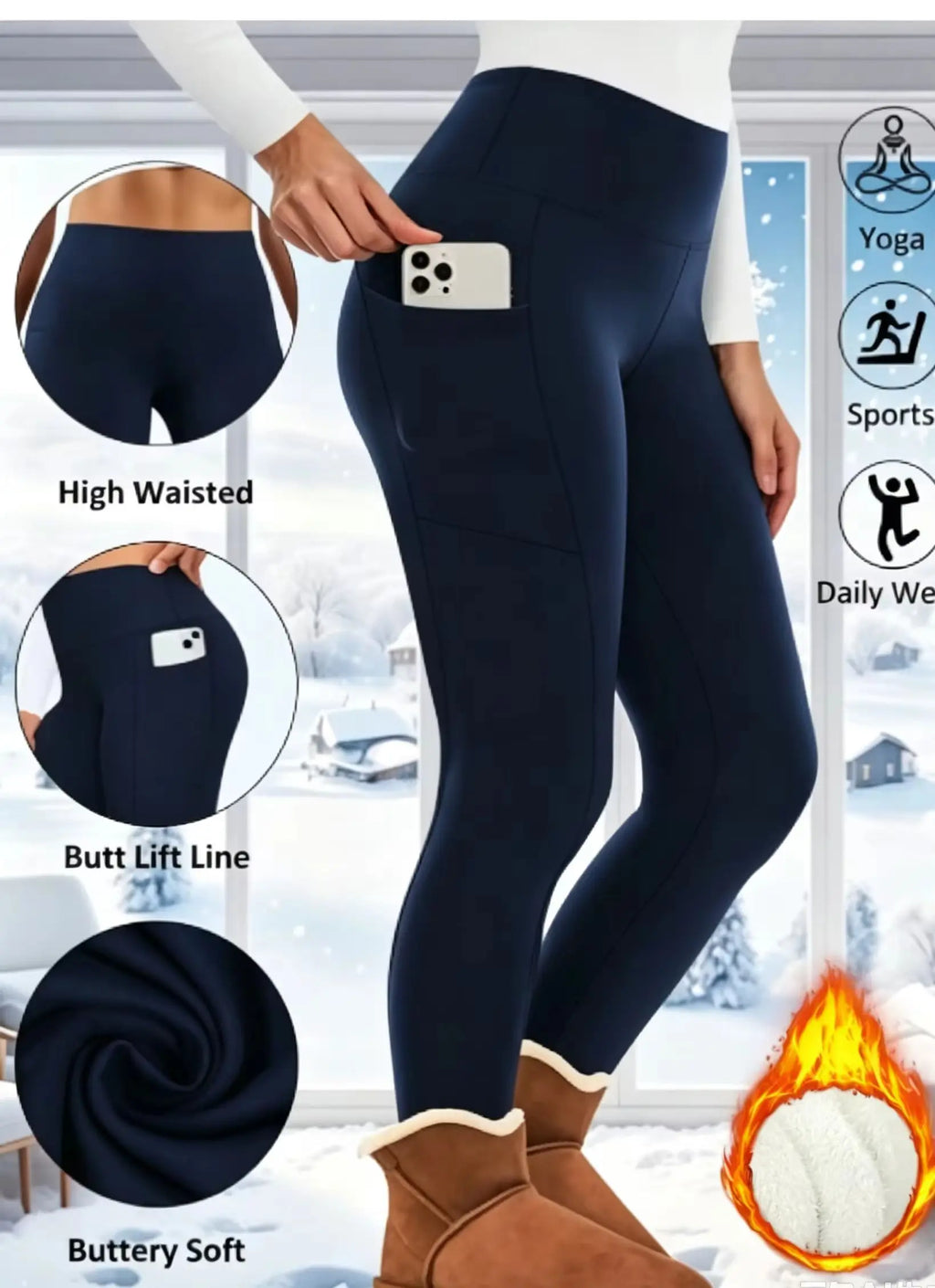  High Waisted Winter Leggings With Pockets For Women Thermal Fleece Lined Tummy Control Thick Warm Tights Workout Running