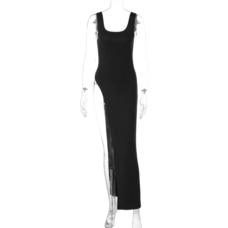 Sexy Sleeveless Side High Split Midi Dress Backless Women's Summer Party Club Streetwear Y2K Style Solid Color