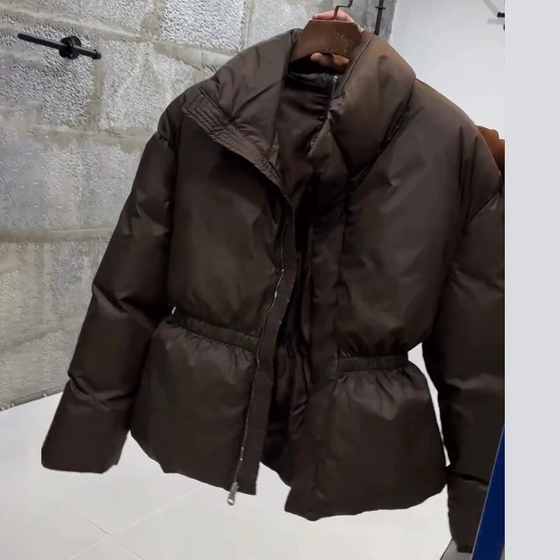 Casual Women's Waist Cinched Padded Cotton Coats Stand Collar Zipper Full Sleeve Coat 2026 Autumn Winter Lady Down Jacket New