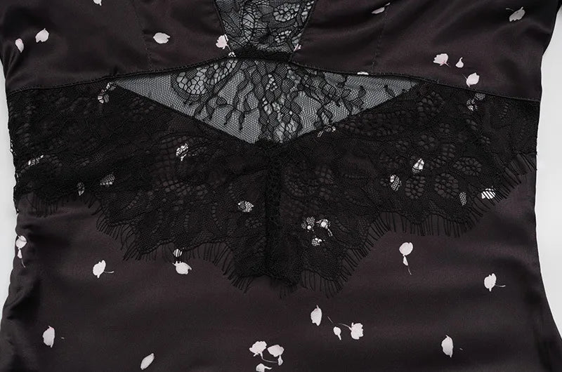Satin Lace Patchwork Print Dress Women Black V-neck Short Sleeves High Waist Long Dresses Lady Hollow Out Daily Party Vestidos