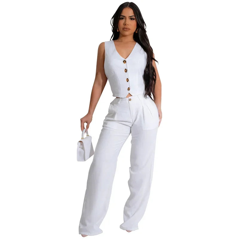 Fashion Elegant Two Piece Set for Women Workwear Office Lady Sleeveless Vest Single-breasted Top + Wide Leg Pants Business Suit