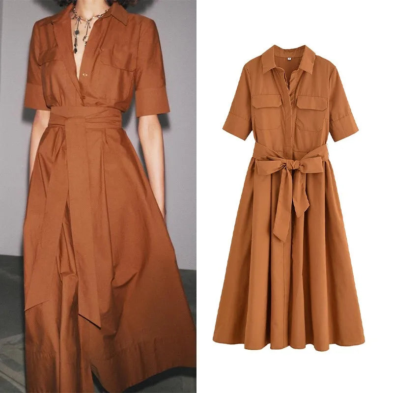 Women Long dress With Belt Spring Poplin Lady Short Sleeve Dress Pocket Women's Midi Dress Side Zipper Female Dresses