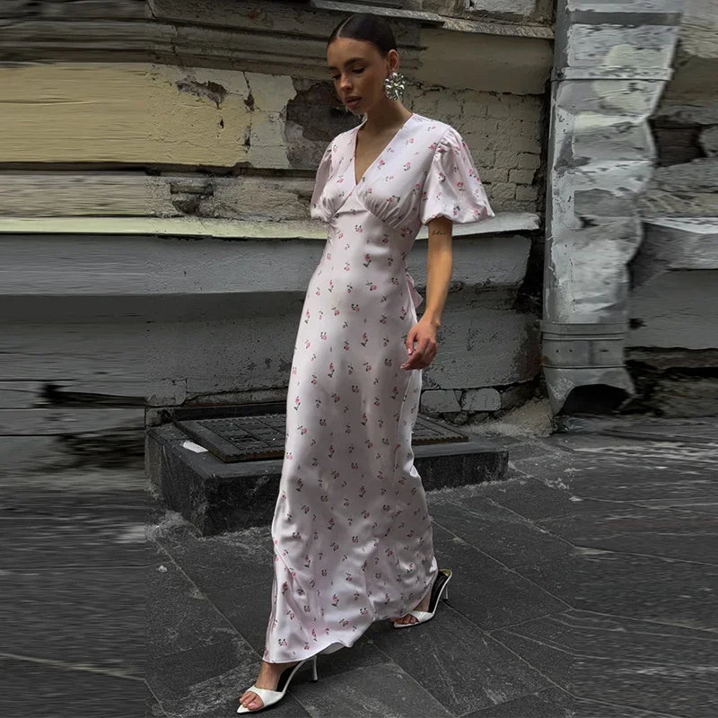 Elegant Print Women Long Dress Fashion V-neck Pleated Flutter Short Sleeve Empire Female Dresses 2026 Summer Chic Female Robe