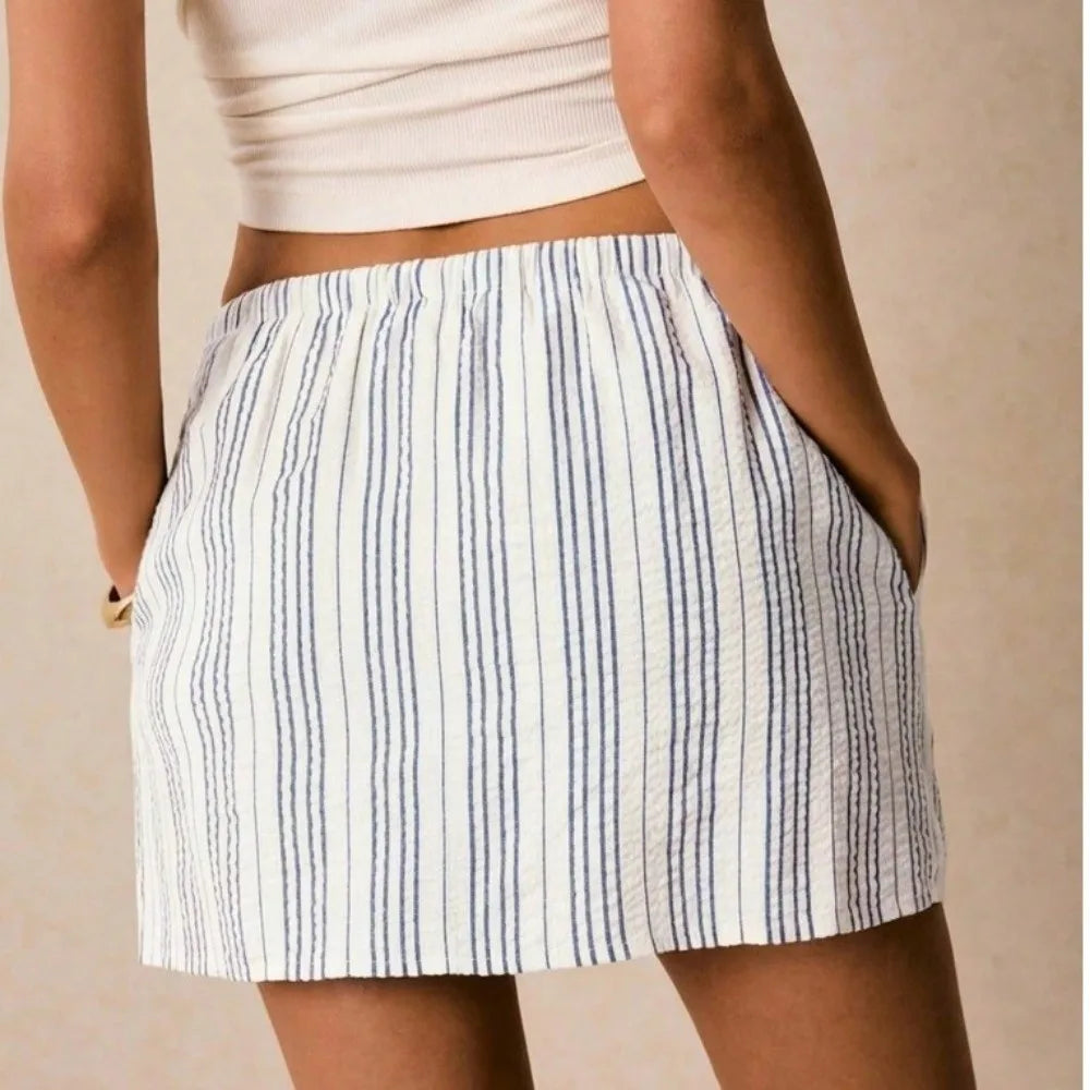 Fashion Drawstring Mini Shorts Skirt Loose Fit Striped Print Skorts Women High Waist Pocket Design Pajama Pants Casual Wear