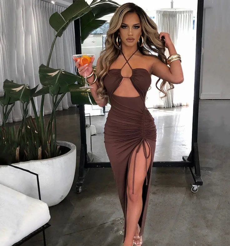 Women's Elegant Party Summer Sleeveless Halter Neck High Waist Pencil Dress Long Backless Cross Strap with High Slit Bodycon