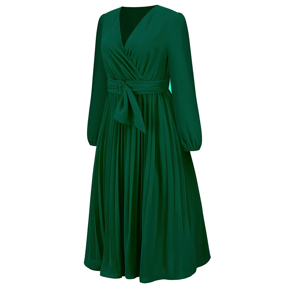 Elegant Women's Green Chiffon Autumn/Winter Long Sleeve Slim Fit Pleated Dress Fashion Women's V-neck Belt Party Dresses S-2XL