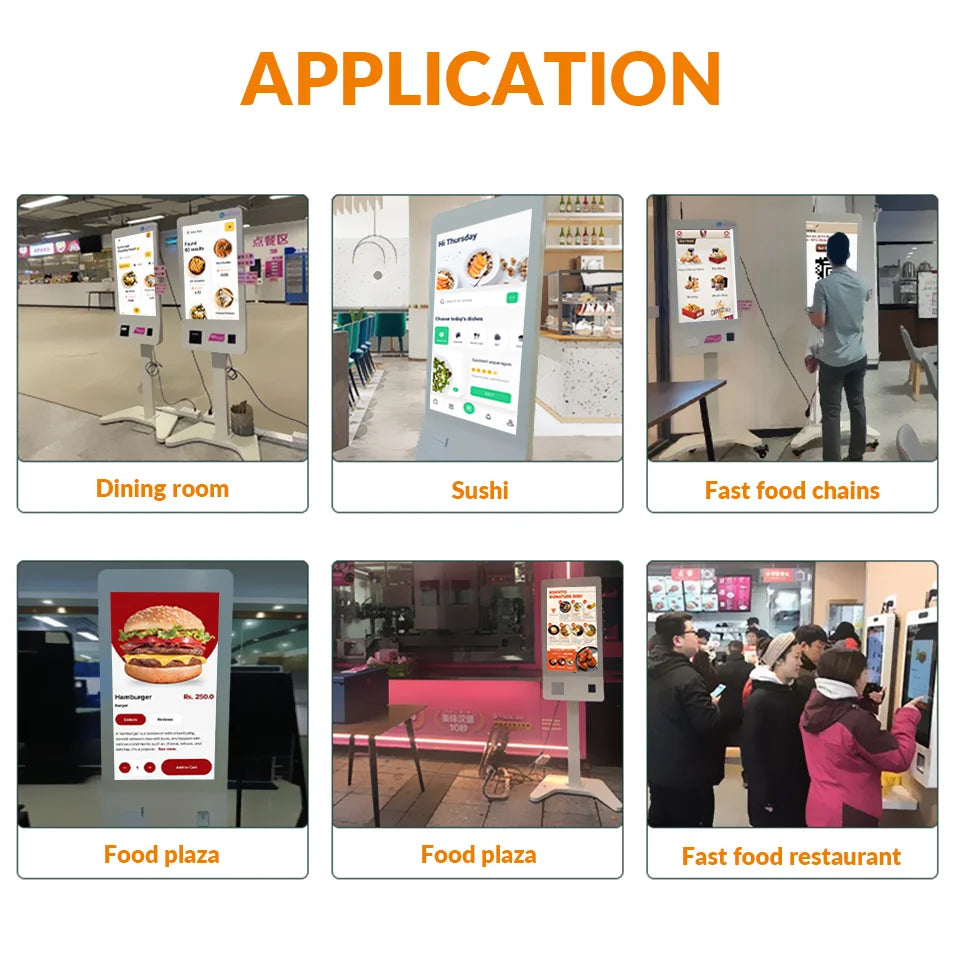 32-Inch interactive digital signage kiosk for self-service ordering and payment systems in restaurants and cafeterias
