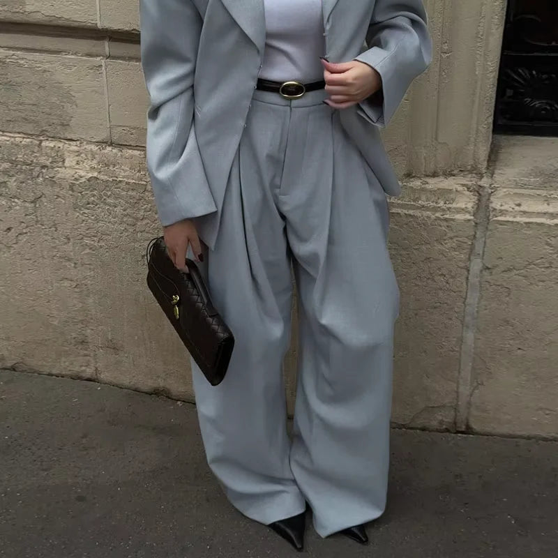 Casual V-neck Blazer Pants Set Women Single Breasted Pocket Jacket Wide Leg Trousers Lady Suit 2026 Elegant 2 Pieces Sets Female