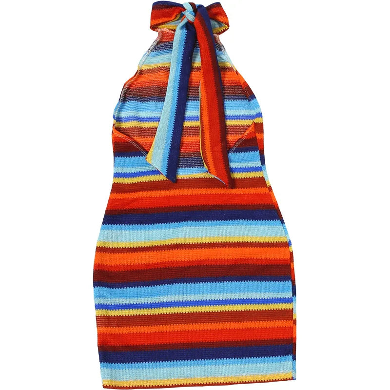 Cryptographic Striped Knit Halter Mini Dress Colorful Contrast Sleeveless Backless Summer Casual Clubwear Bodycon Short Dresses