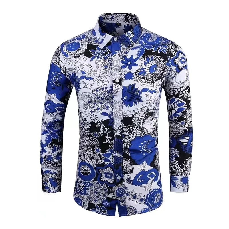 Spring and Autumn Men's Casual Outdoor Luxury Suit Lapel Shirt Long Sleeve Soft Comfortable Material Floral Rose Red HD Pattern