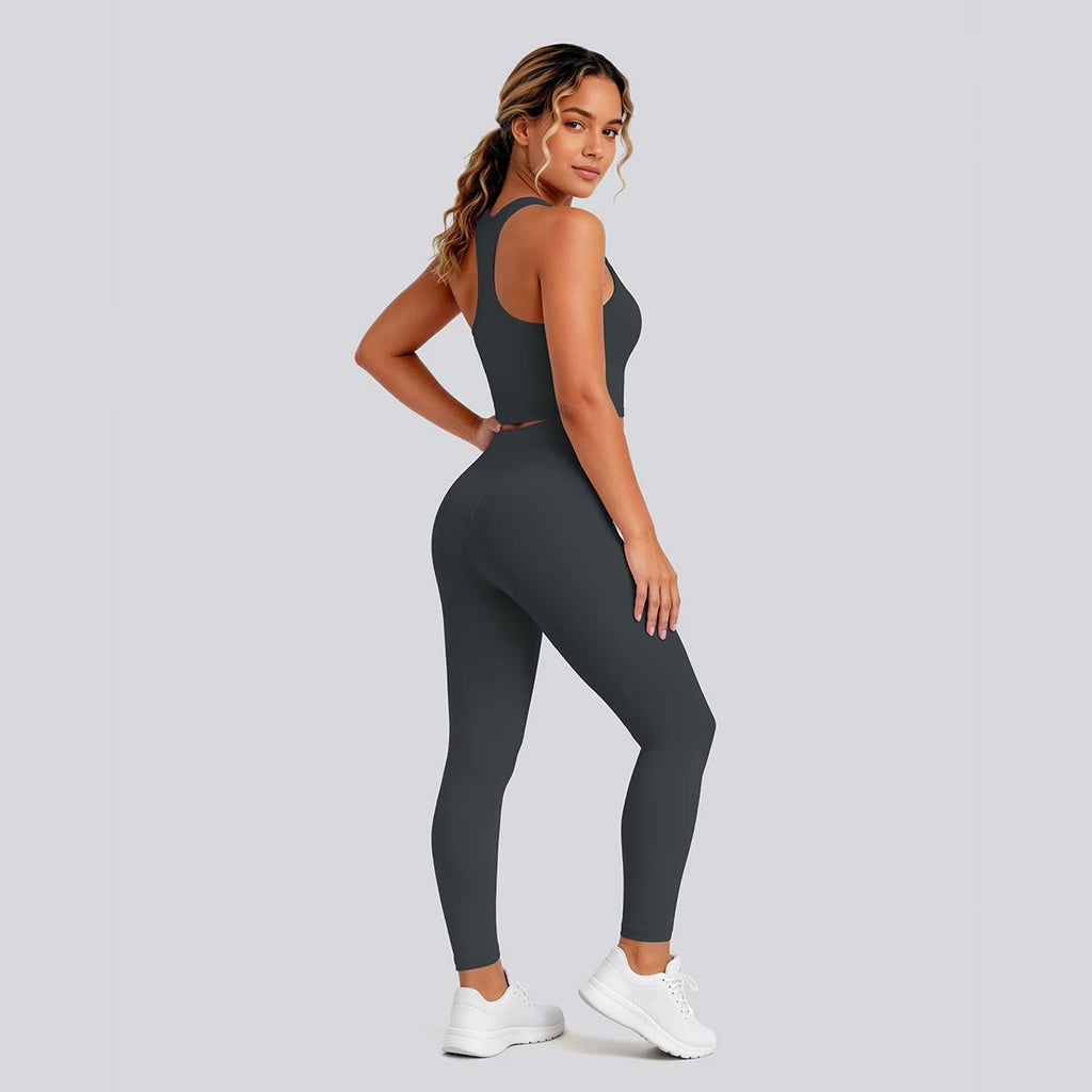 2PCS Solid Color Yoga Set for Woman's Gather Beautiful Back I-shaped Vest Shock-absorbing Running Yoga Tank Top Push Up Pants