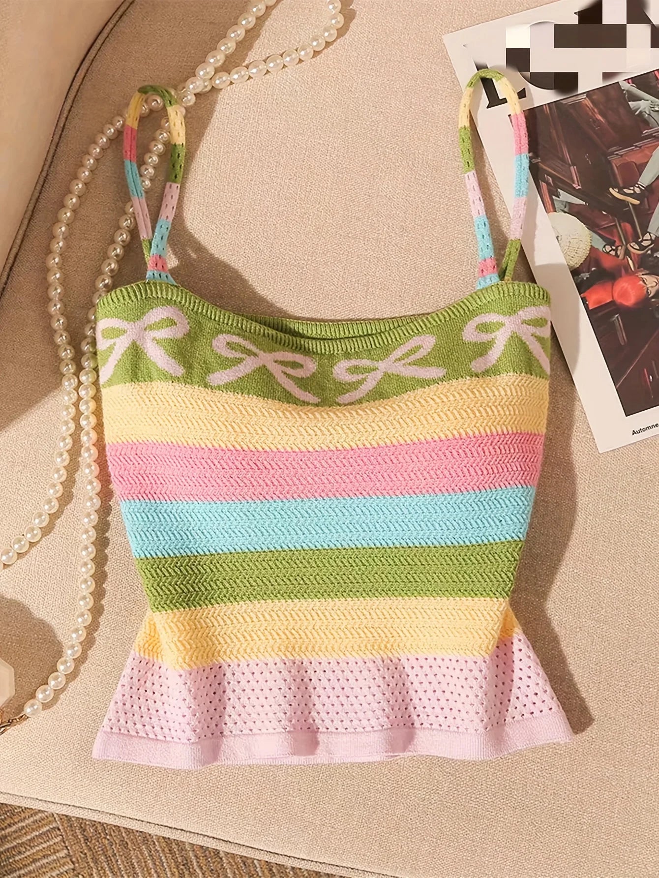New Elegant Spring Summer Collection from Europe And America Featuring a Knitted Tank Top with a Bow And Rainbow Stripes Camis