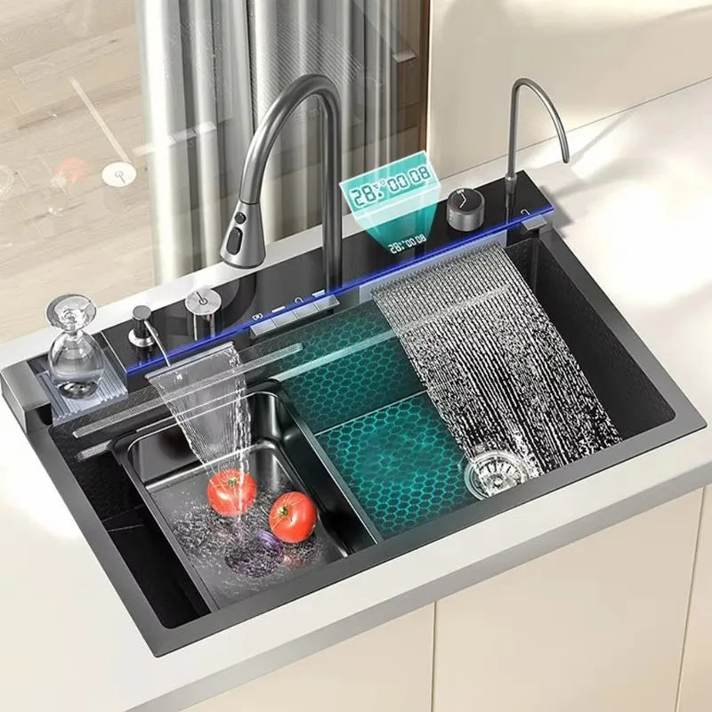 Light Emitting Diode Digital Nano Handmade Modern Single Slot Stainless Steel Waterfall Multifunctional Smart Kitchen Sink