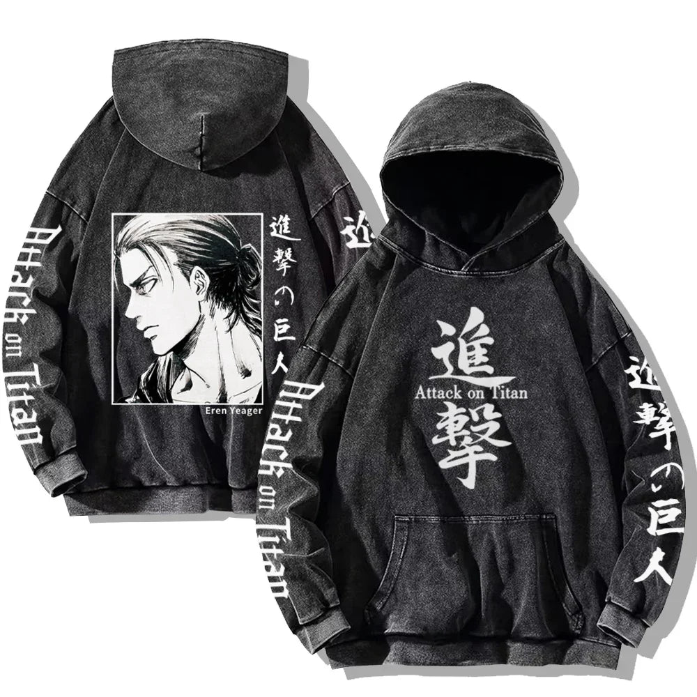 Vintage Washed Men's Hoodies Shield Print Hooded Sweatshirt Hip Hop Streetwear Y2K Hooded Pullover Y2K Loose Casual Tops