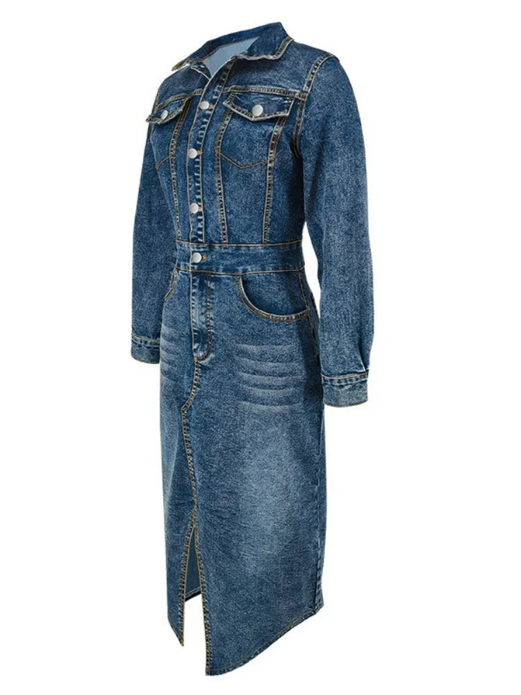 Wmstar Denim Dresses Women Long Sleeve Casual Button Pockets Maxi Dress Fall Clothes Fahion Streetwear Wholesale Dropshipping