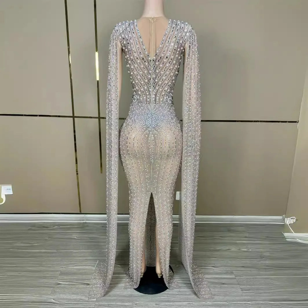 Luxury Sparkling Champagne Large Crystal Transparent Long Train Dress Set Birthday Celebration Dress Evening Wedding Dance Dress