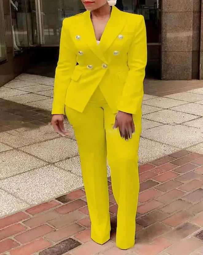 2 Office Ladies Two Piece Sets Womens Outifits 2023 Spring Fashion Long Sleeve Double Breasted Blazer & Plain Elegant Pants Set