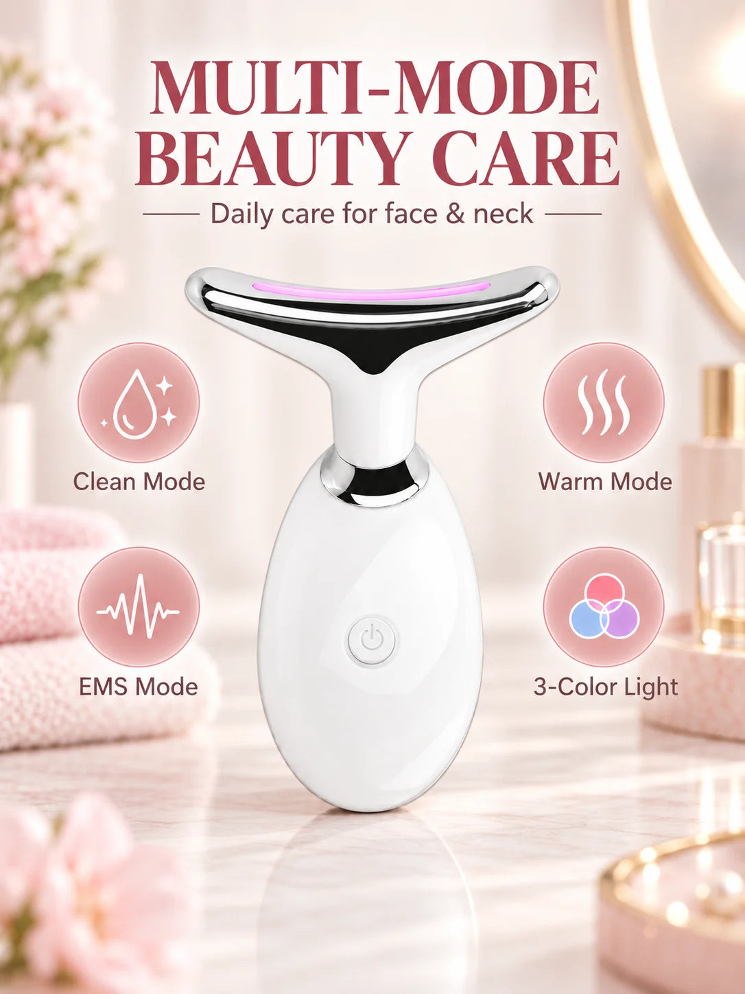 EMS Neck Massager Face Beauty Device T Shaped Neck Care Tool 3 Color Light Warm Care Ion Cleansing Rechargeable Skin Care