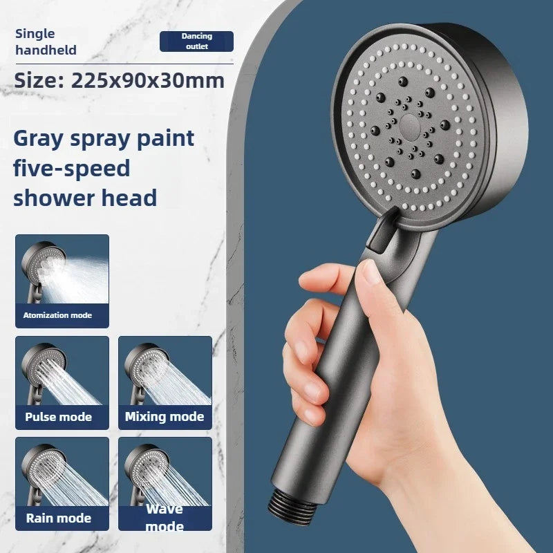 High-Pressure Handheld Shower Head with Stand and Hose - 5 Adjustable Water Flow Modes, Round Plastic Bathroom Accessory