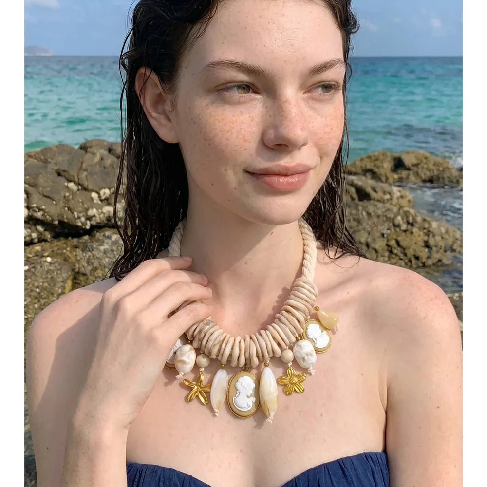 Yhpup 2026 Handmade Jewelry Rope Braided Resin Chain Portrait Flower Drop Charm Statement Necklace Exclusive Accessories