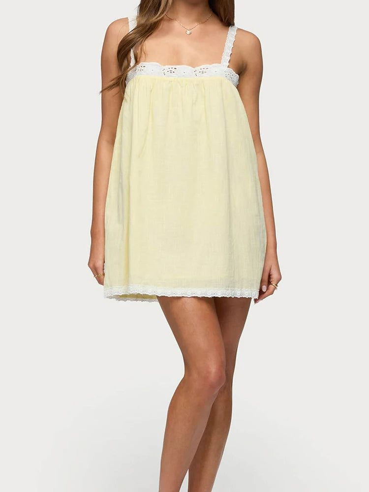 Coquette Style Lace Strap Mini Dress Women Light Yellow Loose Babydoll Dresses Sleeveless Square Neck Casual Beach Dress