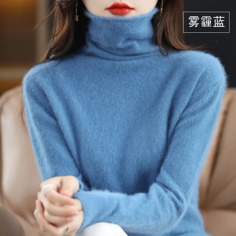 Women's Pile Collar 100% Mink Cashmere Sweater Winter High Collar Knitted Pullover Casual Short Thick Tops Loose Warm Base Shirt