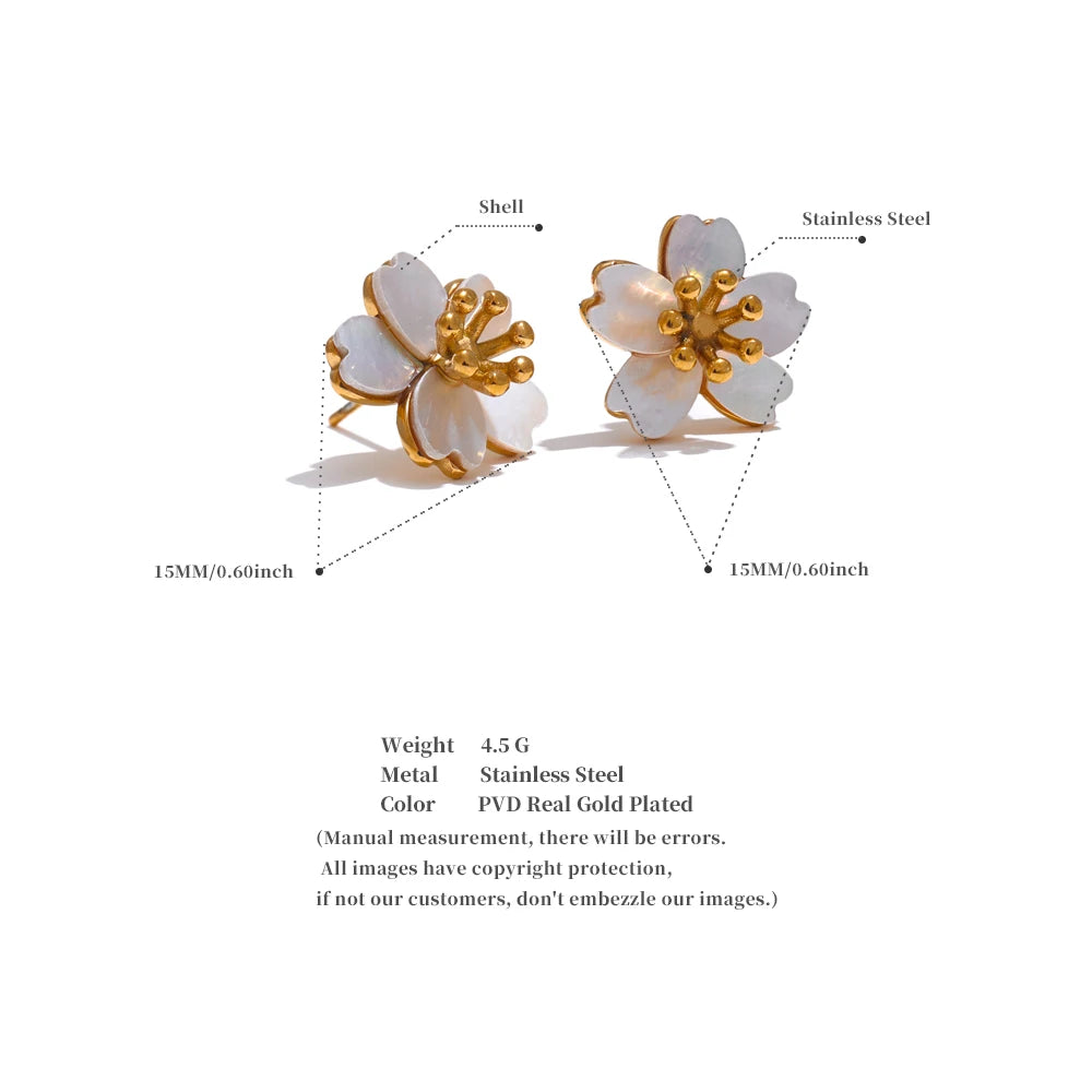 Yhpup High Quality Natural Shell Flower Golden Daily Stud Earrings for Women Prevent Allergy Stainless Steel Exquisite Jewelry