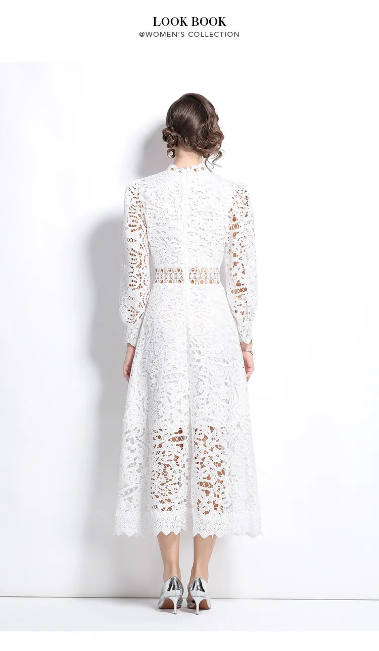 Solid Lace Holloe Out Slimming Elegant Dresses For Women Stand Collar Long Sleeve High Waist Minimalist Dress Female Fashion