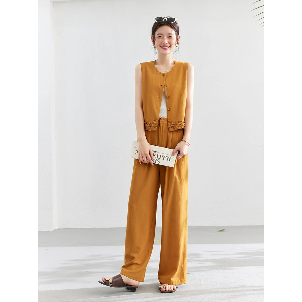 VIMLY Office Two-Piece Set Women 2026 Summer New Fashion Ruffle Hem Cropped Sleeveless Vest Wide Leg Pants Casual Outfit A6153