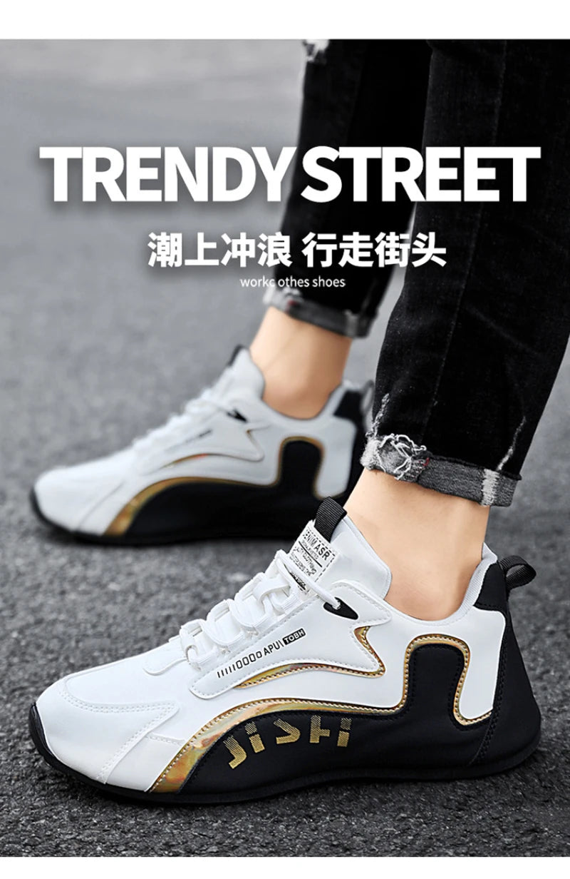 Men'S Black And White Gold Accent Running Shoes Breathable Mesh Upper Lightweight Non Slip Athletic Sneakers For Daily Wear