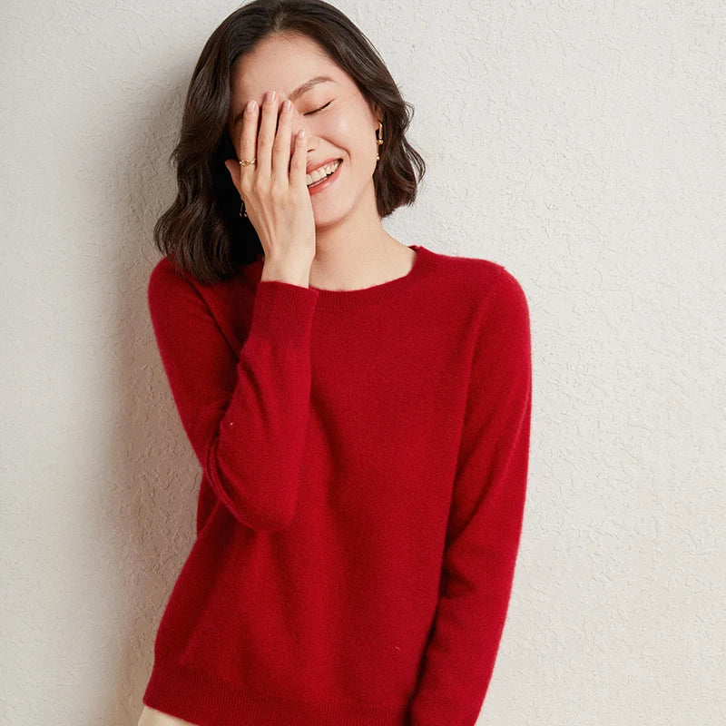 100%Merino Pure Wool Pullover Sweater For AutumnWinter Women's Round Neck Warm High-Quality Solid Color Basic Knitted Jumper Top