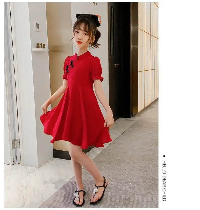 2026 Kids Girls Solid Chinese Red Cheongsam Qipao Princess Teenager New Year Dresses Clothing 4 7 8 9 10 12 14 Years