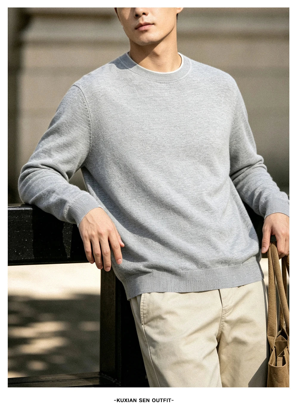 Men's Light Grey round Neck Knitted Sweater Long Sleeve Basic Style Commute Knitted Base Shirt Casual Comfortable Lenzing Fabric