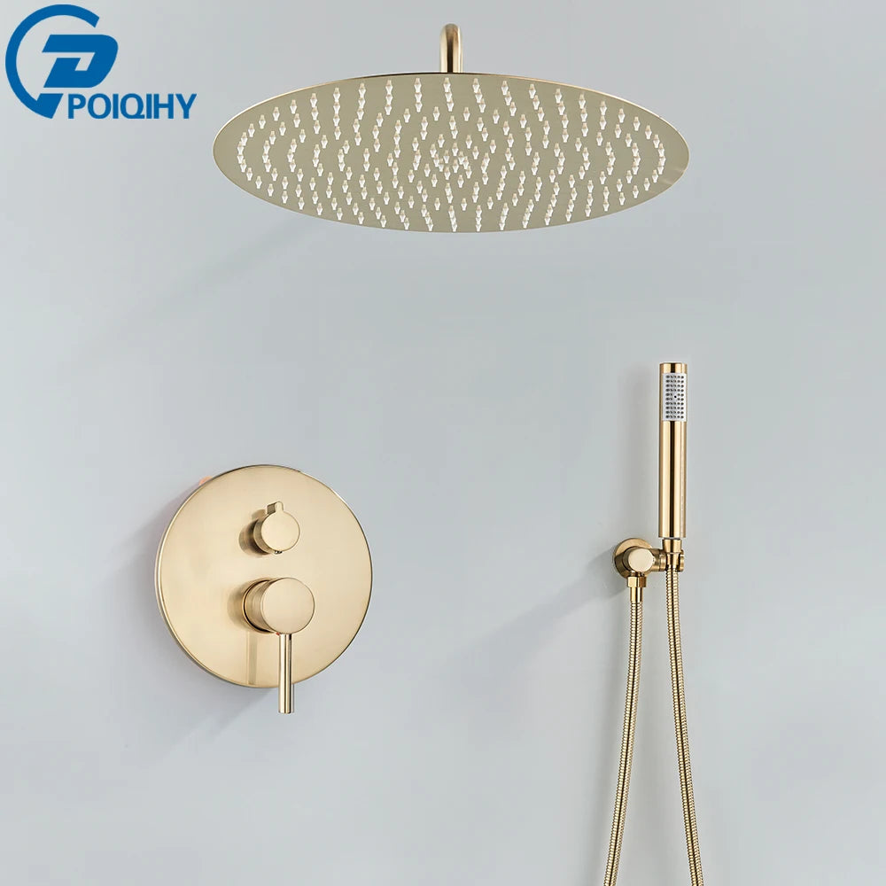 Brushed Gold Shower Faucet Embedded In 2 Ways Shower Mixers Wall Mounted Rainfall Bathroom Shower Tap Stainless Steel Head
