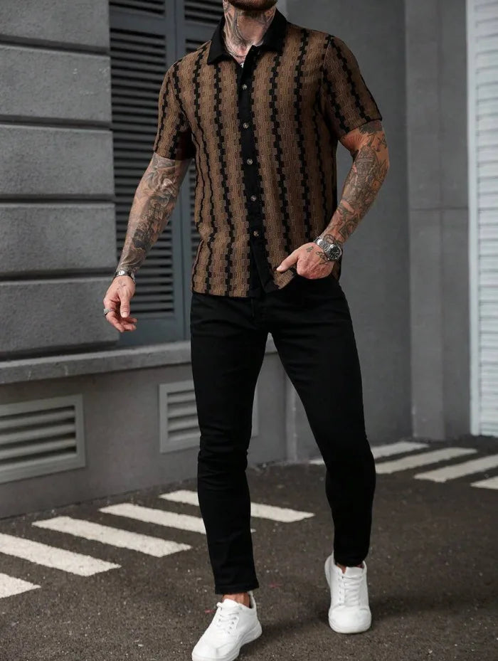 Classic Plaid Striped Knitted Shirt Men Summer Short Sleeve Button Down Turn-down Collar Vintage Slim Fit Knit Cardigan Tops
