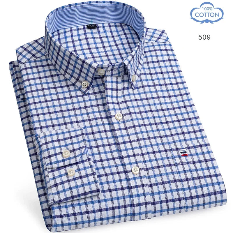 2025 Men's Social Shirt Pure Cotton Oxford Luxury Brand Thin Soft Buttoned Plaid Formal Work Western Clothing